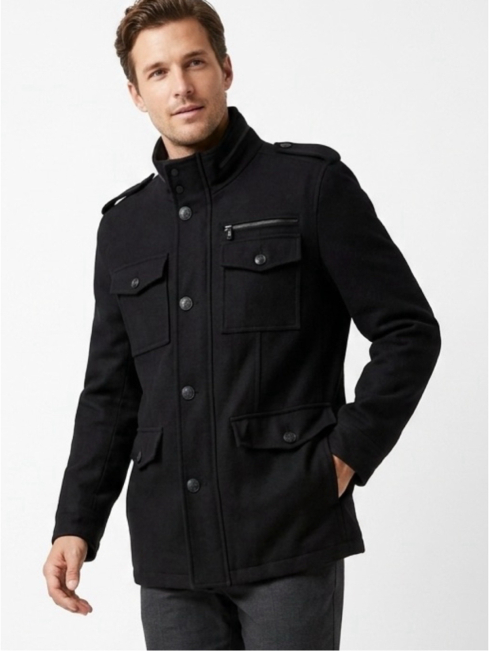 Men's GUESS Men’s Black Wool Blend Military Field Jacket Coat Size Large
